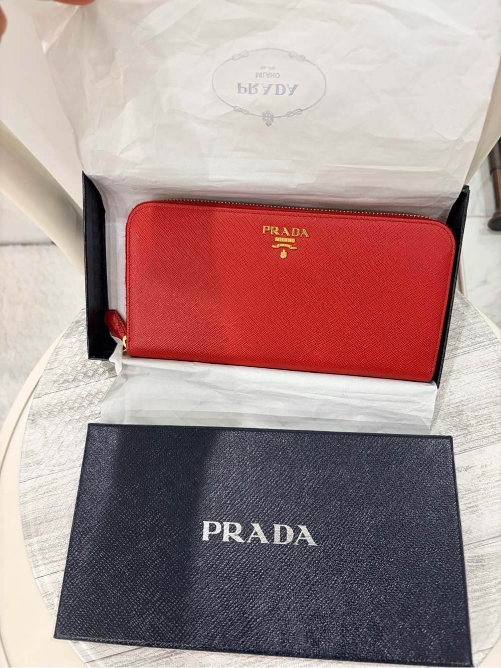 BRAND NEW Authentic Prada Red Saffiano Leather Zip Wallet with Gold Hardware